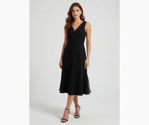 Vintage Jones NY Black V-Neck Ruffle Beaded Midi Ball Gown Dress Size 10 NWT